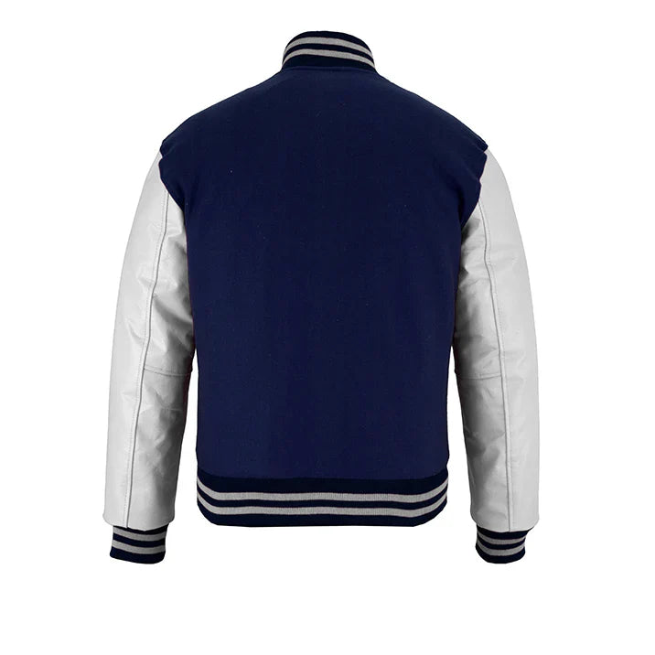 Classic Varsity Letterman Jacket Navy Blue Wool with White Genuine Leather Sleeves and trims