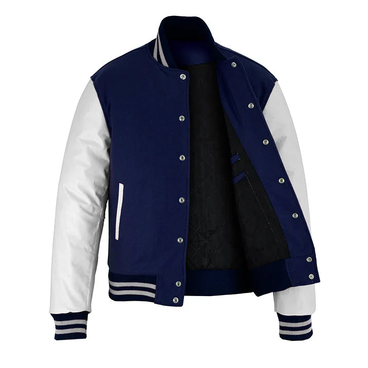 Classic Varsity Letterman Jacket Navy Blue Wool with White Genuine Leather Sleeves and trims
