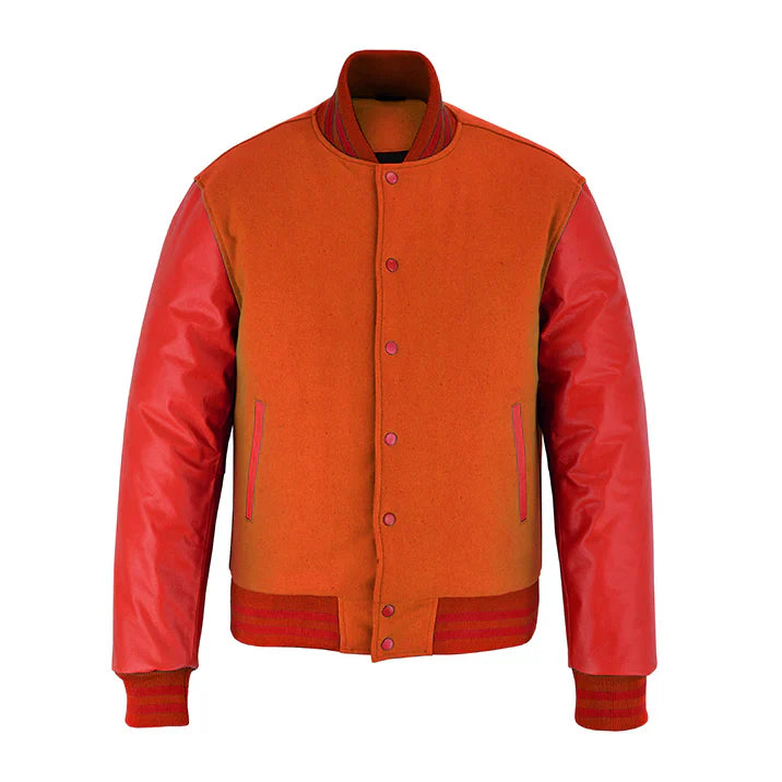 Classic Varsity Letterman Jacket Orange Wool with Red Genuine Leather Sleeves and trims