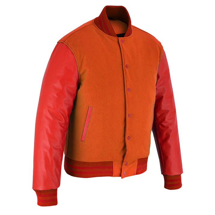Classic Varsity Letterman Jacket Orange Wool with Red Genuine Leather Sleeves and trims