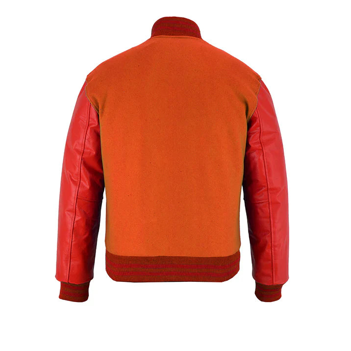 Classic Varsity Letterman Jacket Orange Wool with Red Genuine Leather Sleeves and trims