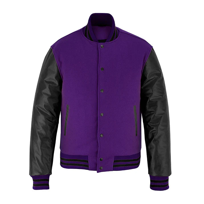 Classic Varsity Letterman Jacket Purple Wool with Black Genuine Leather Sleeves and trims
