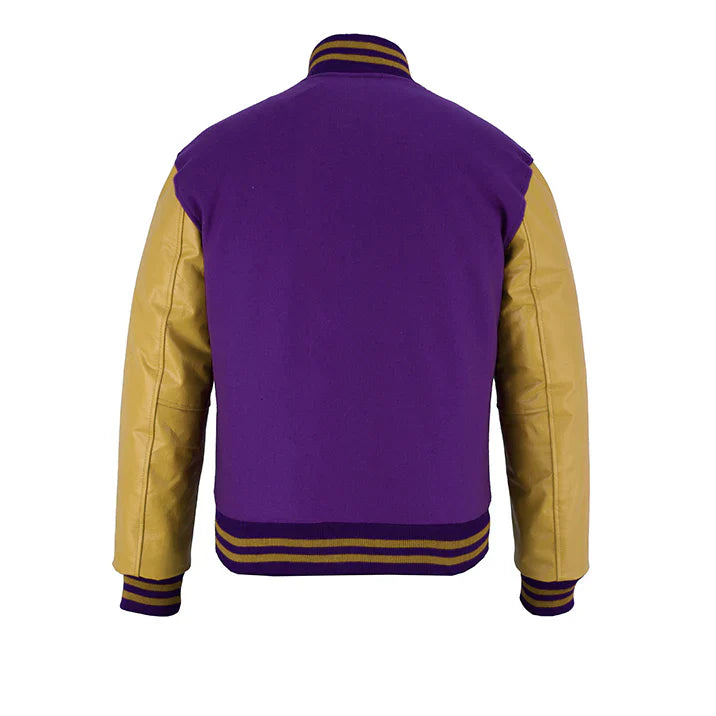 Classic Varsity Letterman Jacket Purple Wool with Beige Genuine Leather Sleeves and trims