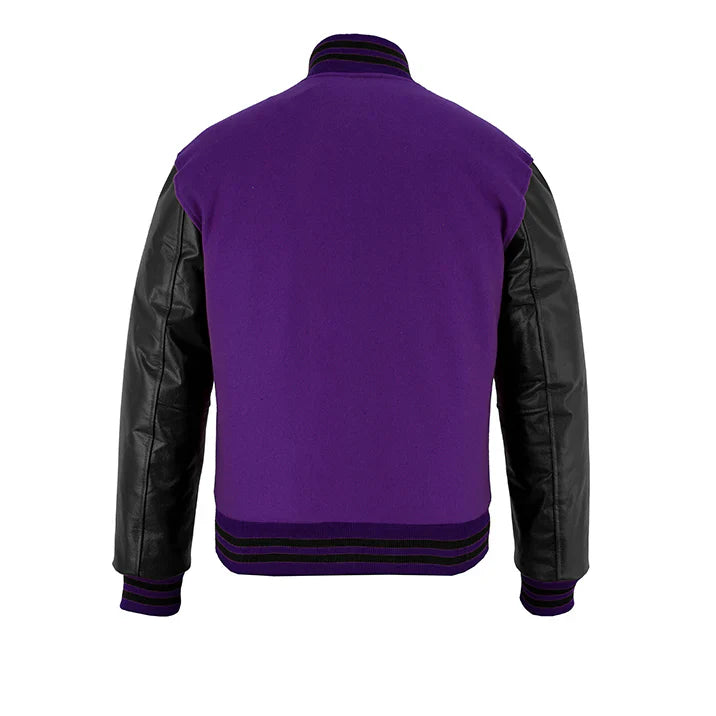 Classic Varsity Letterman Jacket Purple Wool with Black Genuine Leather Sleeves and trims