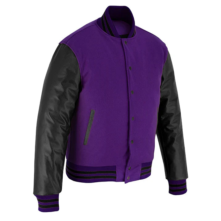 Classic Varsity Letterman Jacket Purple Wool with Black Genuine Leather Sleeves and trims