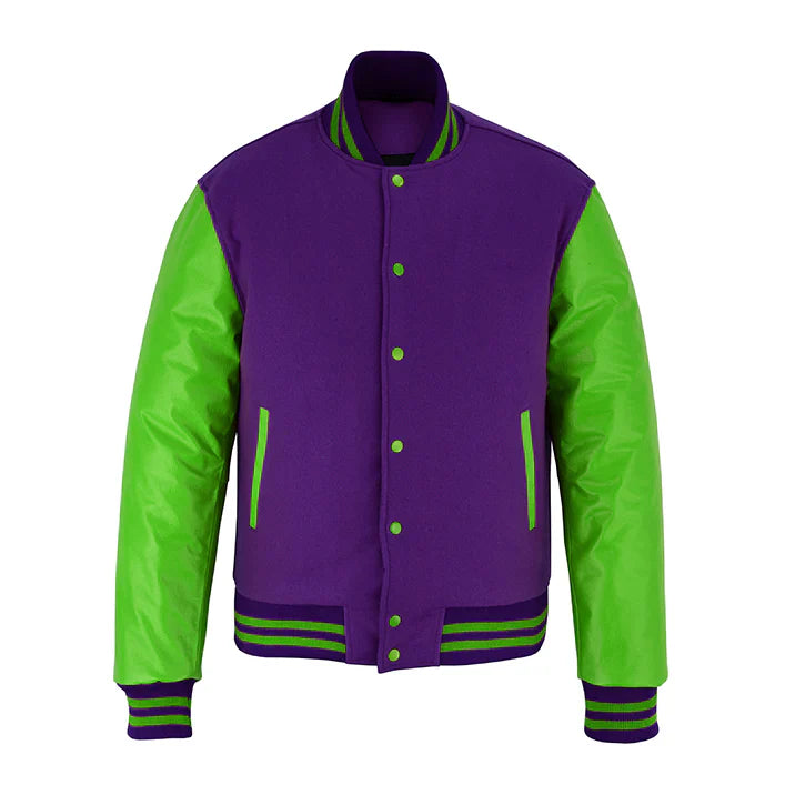 Classic Varsity Letterman Jacket Purple Wool with Green Genuine Leather Sleeves and trims