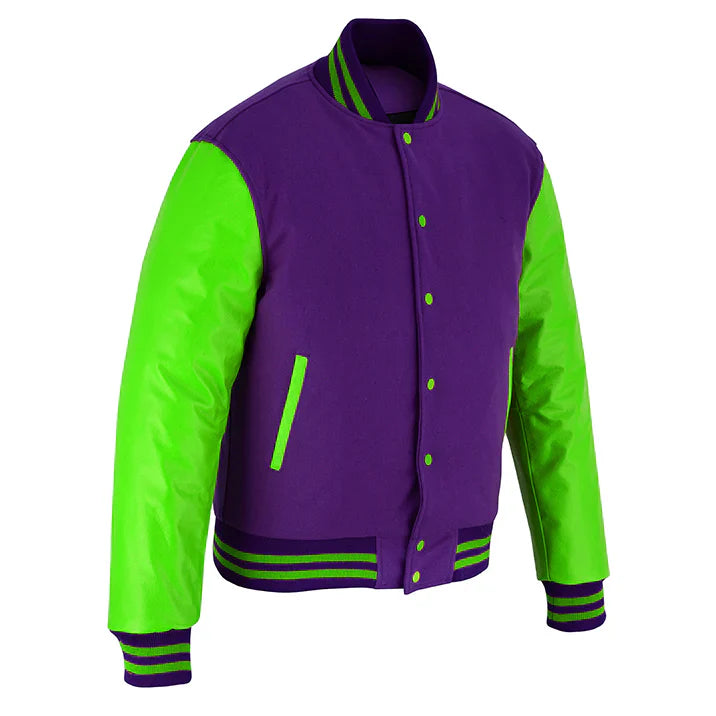 Classic Varsity Letterman Jacket Purple Wool with Green Genuine Leather Sleeves and trims