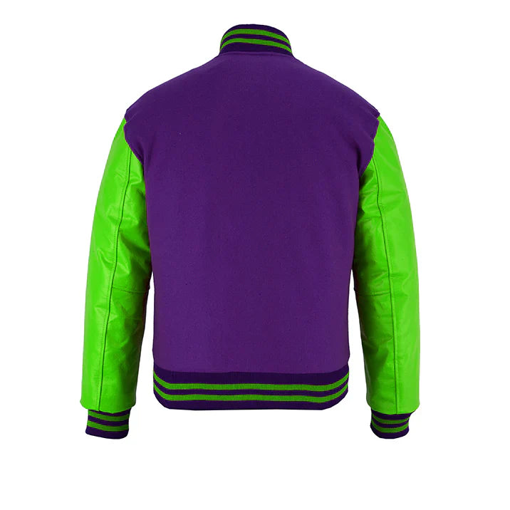Classic Varsity Letterman Jacket Purple Wool with Green Genuine Leather Sleeves and trims