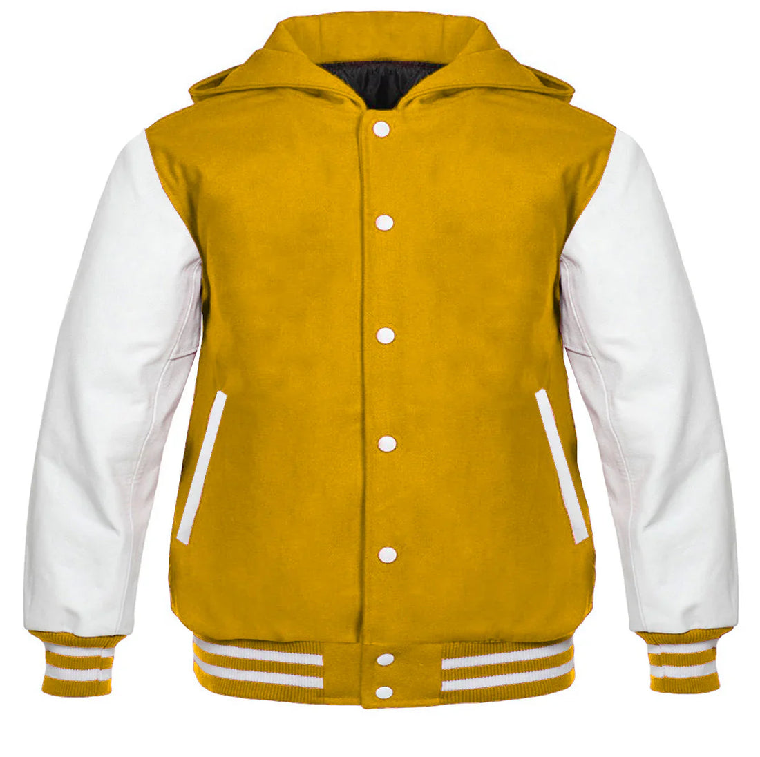 Hooded Varsity Lettermen Baseball Jacket Yellow with White Genuine Leather Sleeves