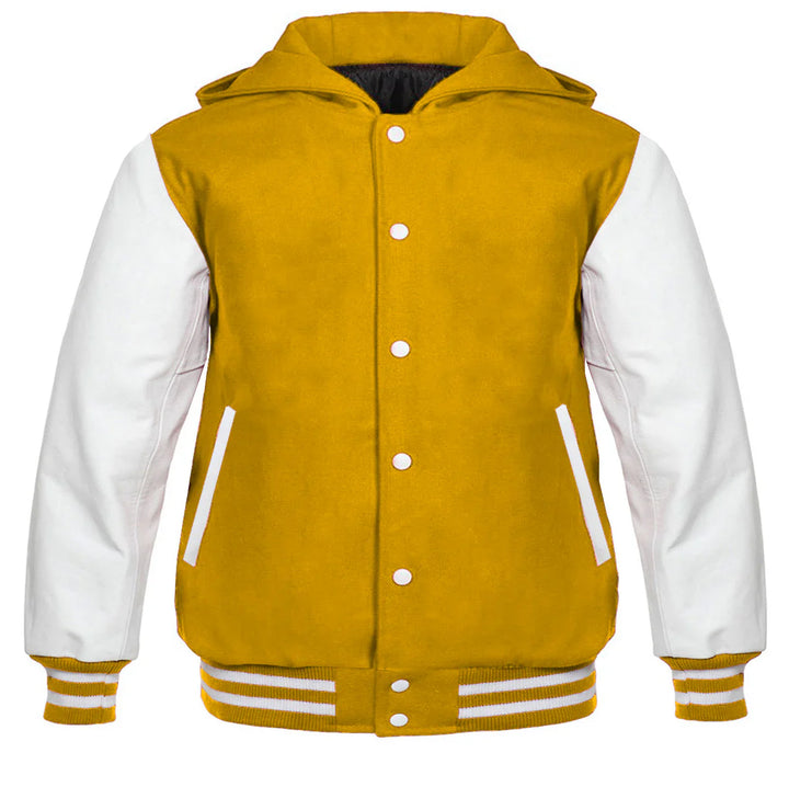 Hooded Varsity Lettermen Baseball Jacket Yellow with White Genuine Leather Sleeves