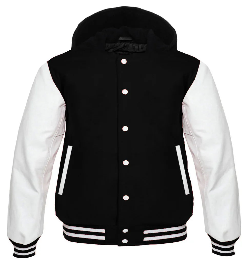 Hooded Varsity Lettermen Baseball Jacket Black With White Genuine Leather Sleeves