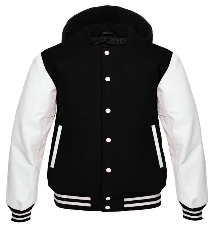 Hooded Varsity Lettermen Baseball Jacket Black With White Genuine Leather Sleeves