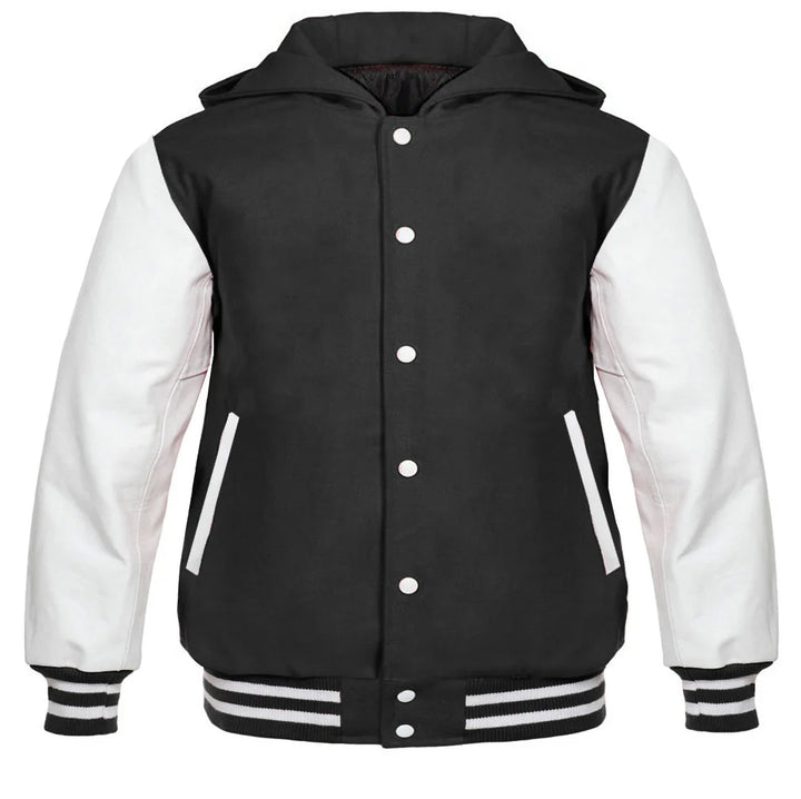 Hooded Varsity Lettermen Baseball Jacket Dark Gray with White Genuine Leather Sleeves