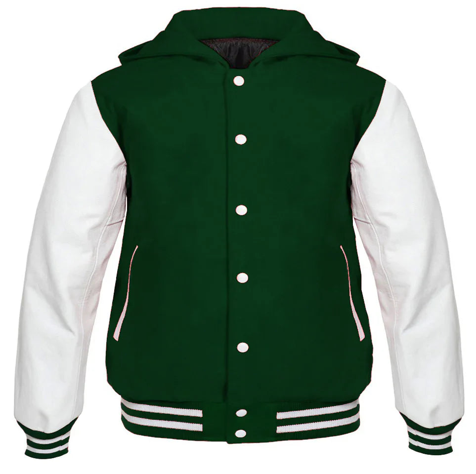 Hooded Varsity Lettermen Baseball Jacket Dark Forest Green with White Genuine Leather Sleeves
