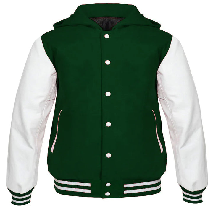 Hooded Varsity Lettermen Baseball Jacket Dark Forest Green with White Genuine Leather Sleeves