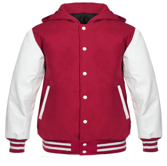 Hooded Varsity Lettermen Baseball Jacket Pink with White Genuine Leather Sleeves
