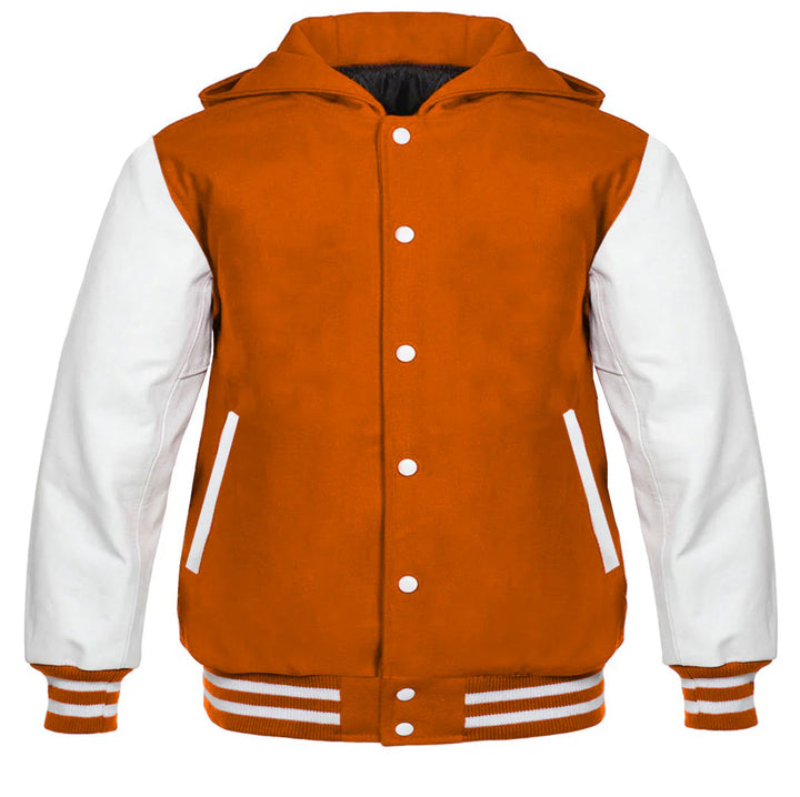 Hooded Varsity Lettermen Baseball Jacket Orange with White Genuine Leather Sleeves