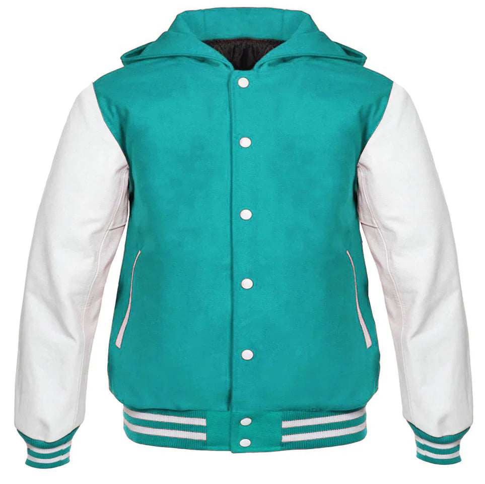 Hooded Varsity Lettermen Baseball Jacket Teal Blue with White Genuine Leather Sleeves